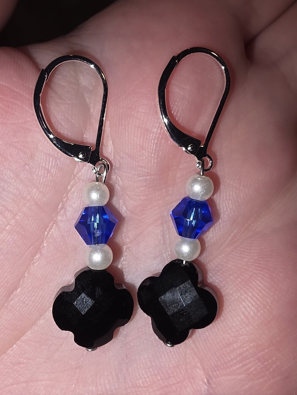 925 Plated Black Clover and Blue Glass/Faux Pearl Beaded Earrings
